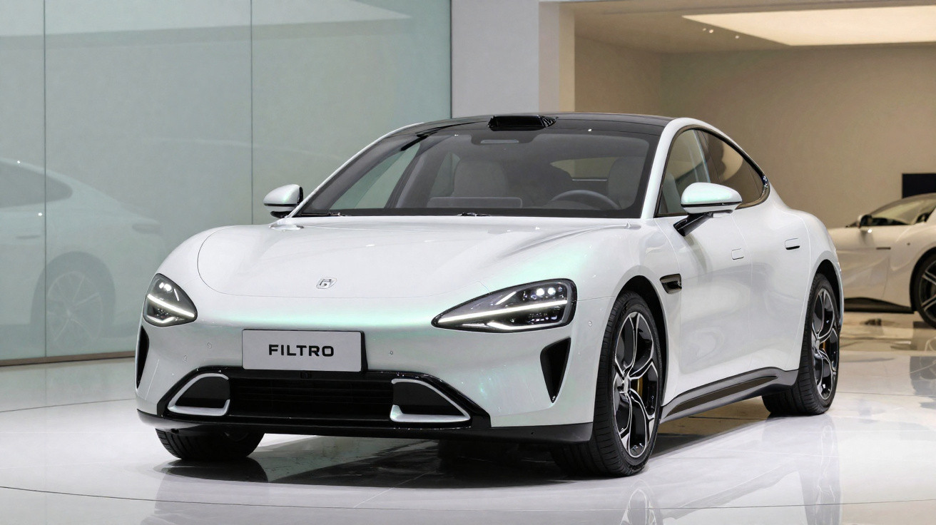 Carro elétrico desportivo branco apresentado em showroom com faróis dianteiros ligados e design moderno.
