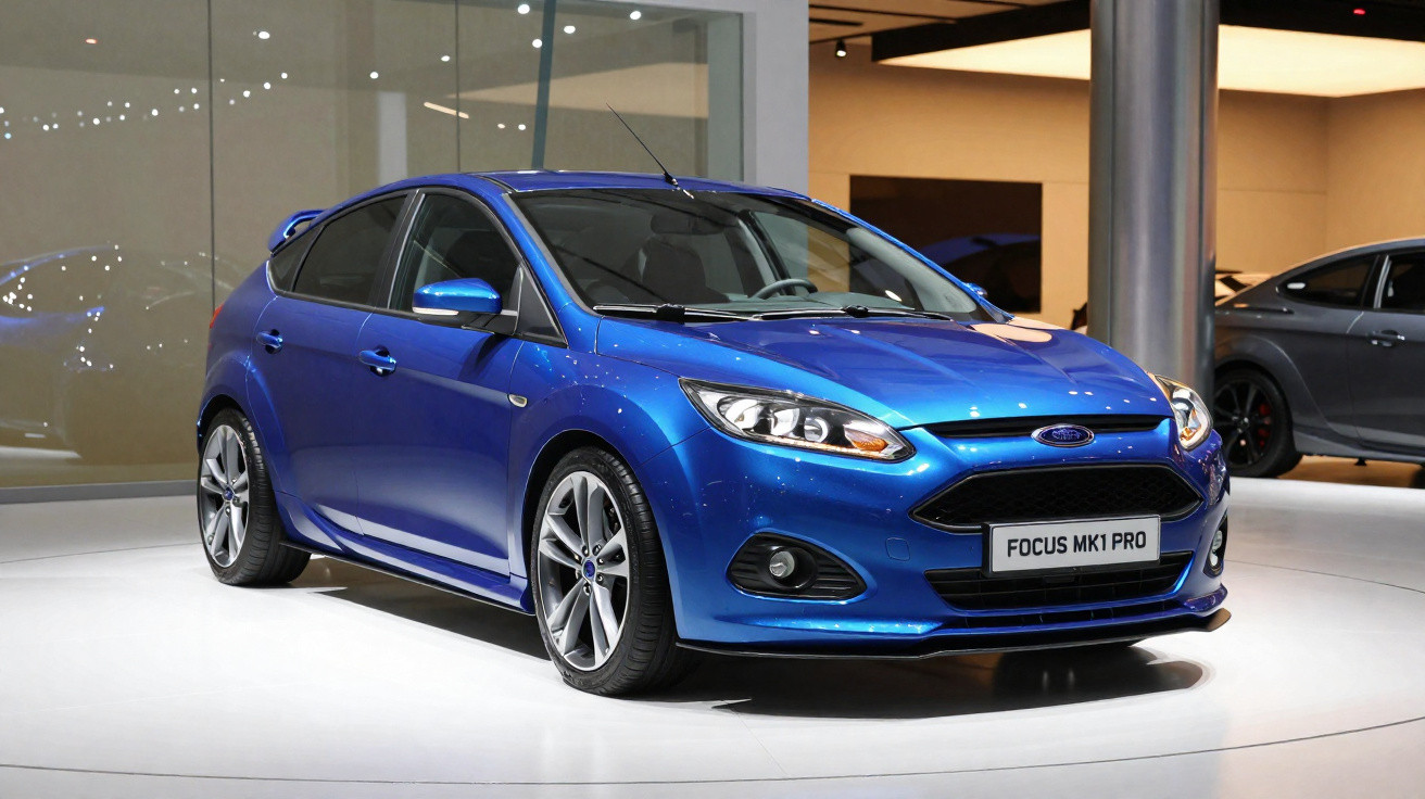 Carro azul Ford Focus MK1 Pro em exposição, visto de frente e ligeiramente de lado direito.