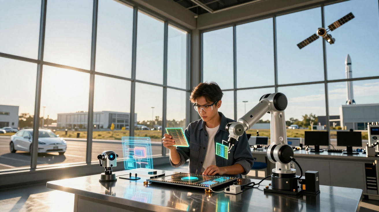 Jovem a trabalhar com tecnologia avançada e hologramas num laboratório moderno com grandes janelas.