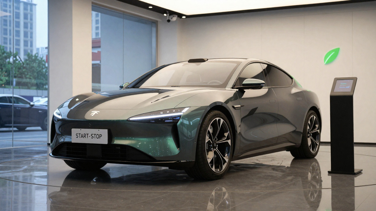 Carro elétrico verde escuro com design moderno exposto numa loja com chão de mármore e paredes brancas.
