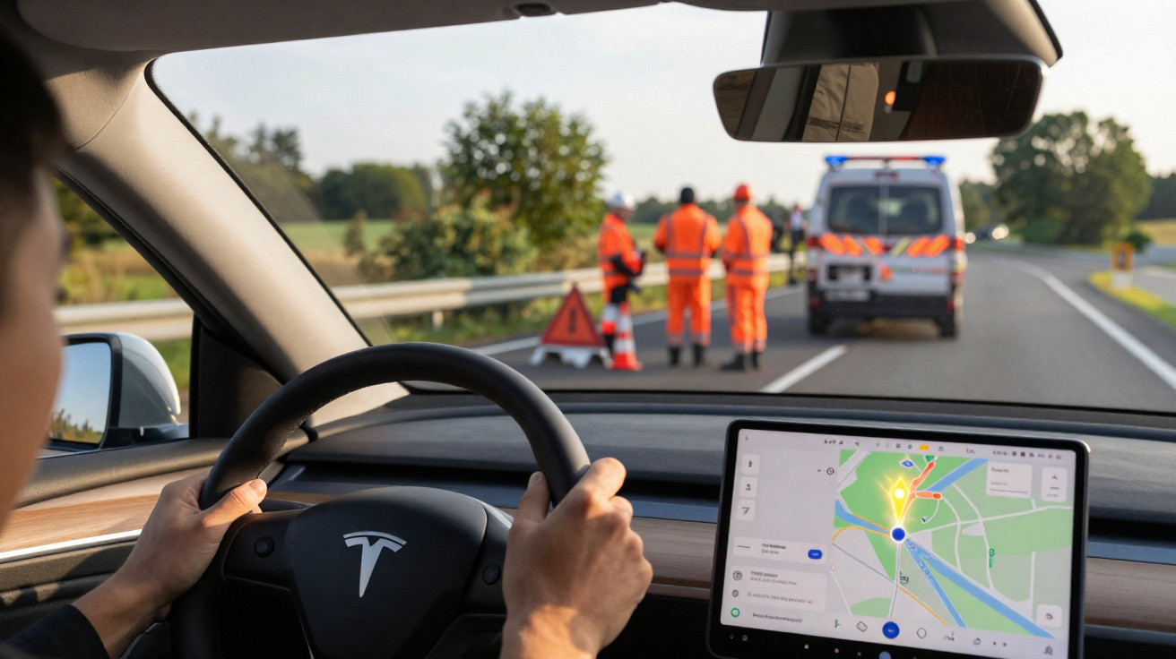 Condutor num Tesla a aproximar-se de acidente com emergência e trabalhadores na estrada à frente.