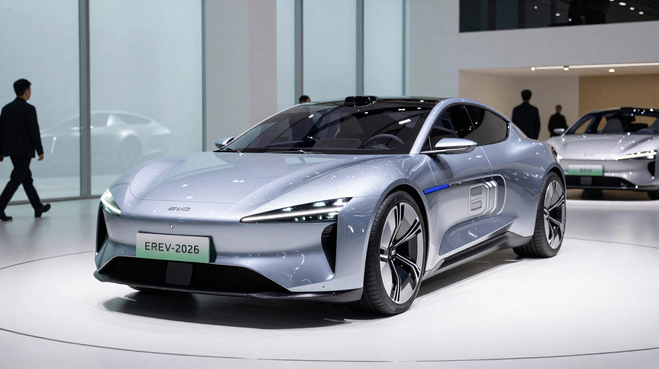 Carro desportivo elétrico prateado em exposição numa feira automóvel moderna.