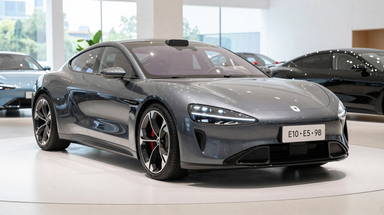 Carro desportivo cinzento metálico estacionado em showroom moderno com jantes pretas e detalhes vermelhos.