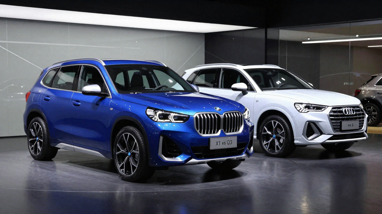 SUV azul BMW X1 e SUV branco Audi Q3 estacionados lado a lado em exposição interior moderna.