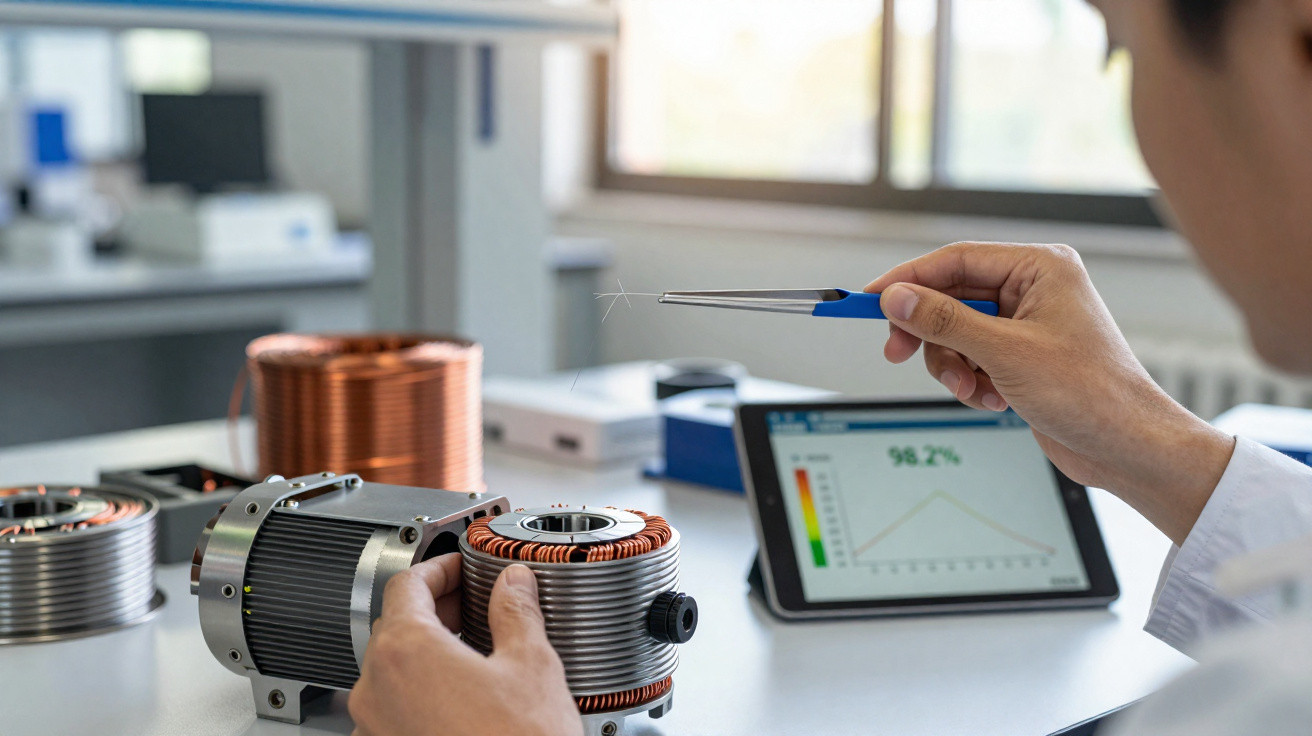 Pessoa a manusear bobinas e ferramentas numa bancada com ecrã digital a mostrar dados de análise.