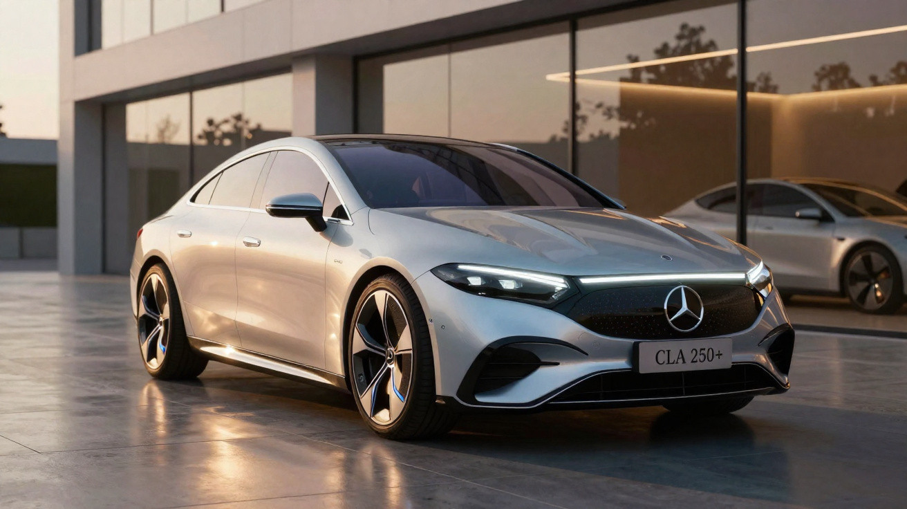 Carro elétrico Mercedes-Benz CLA 250+ prata estacionado junto a edifício moderno com janelas de vidro.
