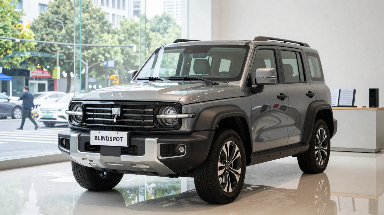 SUV cinzento moderno apresentado em showroom com interiores brilhantes e janelas grandes.