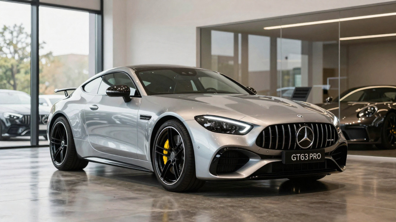 Carro desportivo Mercedes-Benz GT63 PRO prateado estacionado em showroom com jantes pretas e pinças de travão amarelas.