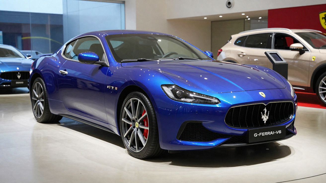 Carro desportivo azul metálico Maserati exposto em sala de showroom moderna.