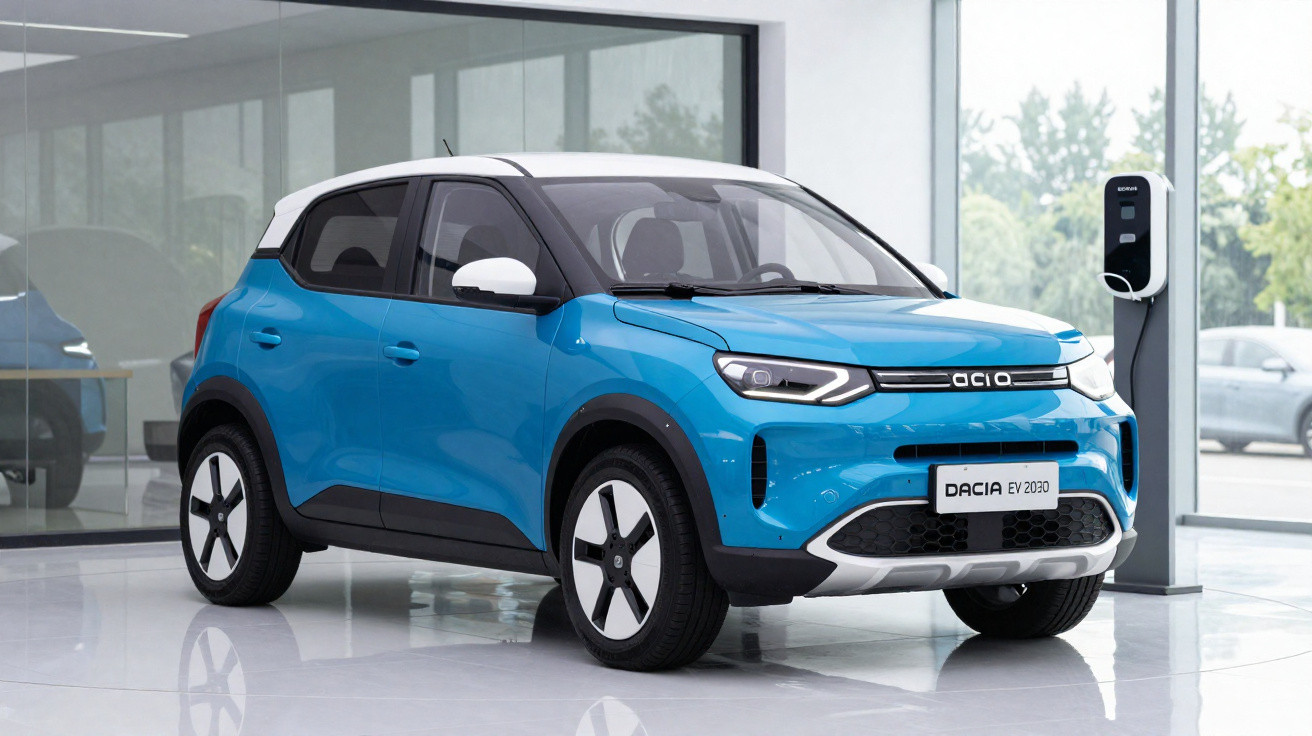 Carro elétrico azul Dacia Spring EV 2030 estacionado em garagem moderna com posto de carregamento.
