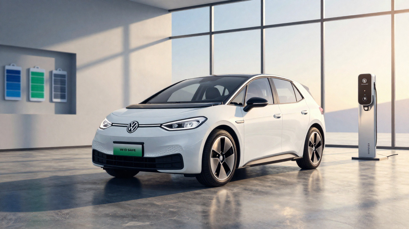 Carro elétrico branco Volkswagen estacionado junto a um posto de carregamento numa garagem moderna.