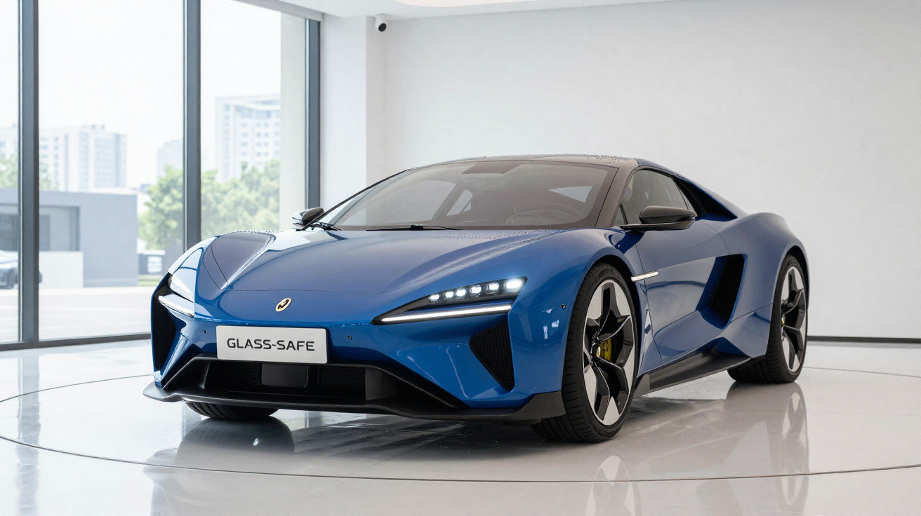 Carro desportivo azul em exposição num salão moderno com grandes janelas panorâmicas.