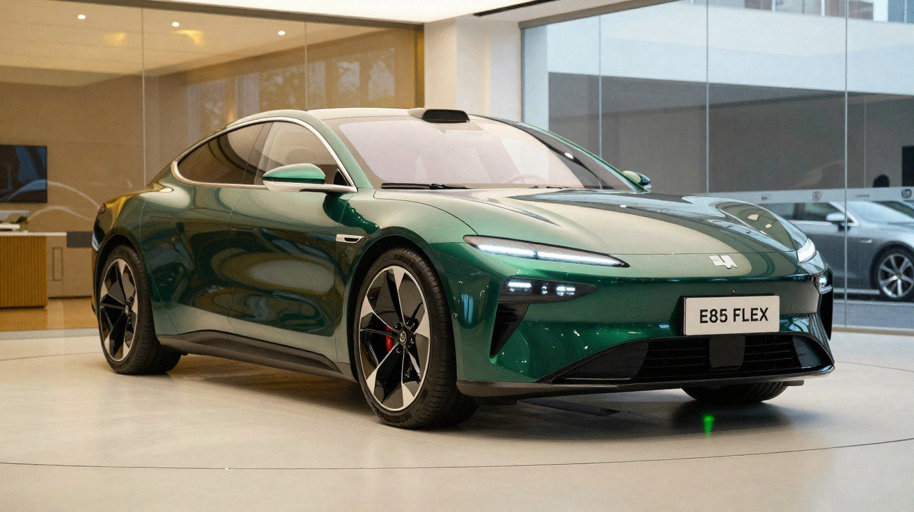 Carro elétrico desportivo verde metalizado estacionado num showroom moderno com vidros grandes.
