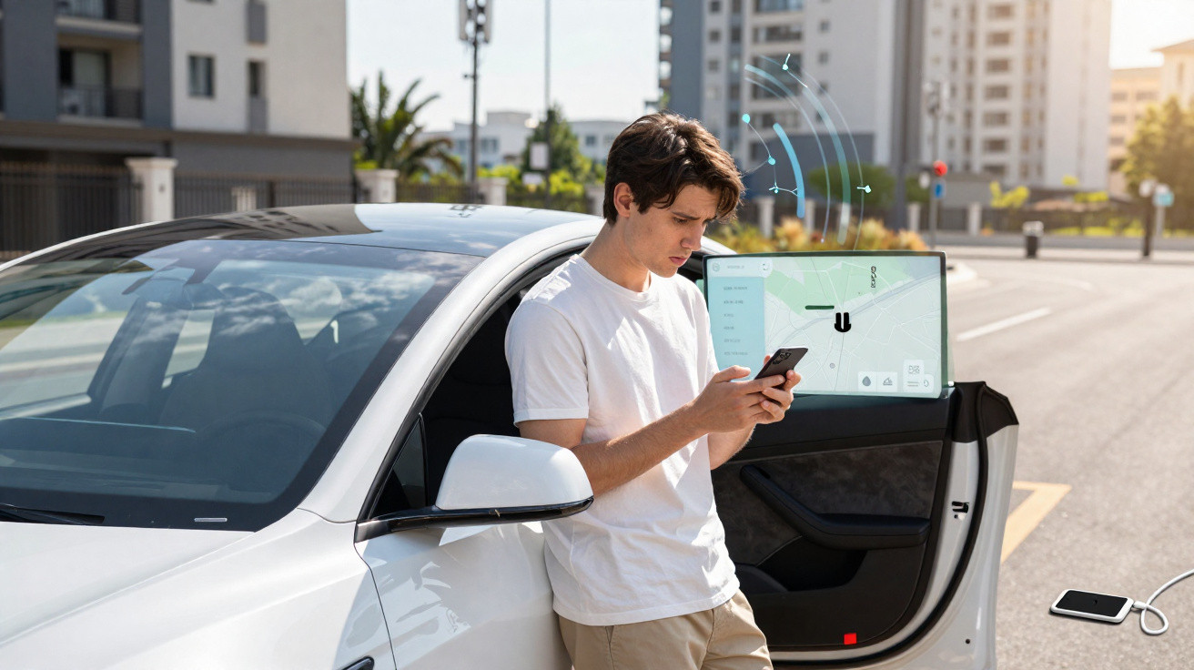 Homem encostado a carro branco estacionado, a usar telemóvel com mapa digital visível na porta do carro aberto.