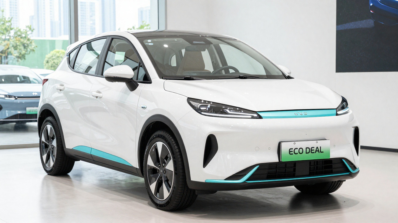 Carro elétrico branco com detalhes azuis em exposição num salão automóvel moderno.