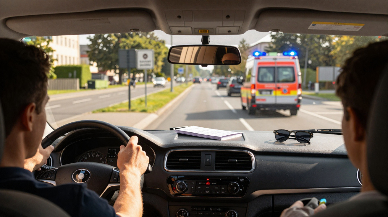 Vista interior de um carro com dois ocupantes a seguir uma ambulância com luzes ligadas numa estrada urbana.