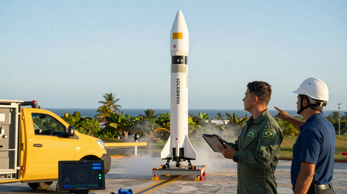Dois homens observam foguetão HANBIT-1 prestes a ser lançado junto ao mar, com veículo amarelo e monitor ao lado.