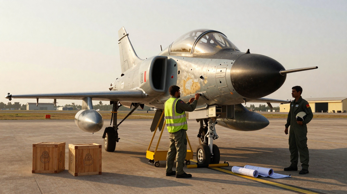 Aeronave militar estacionada no solo com dois homens a analisá-la e caixas de madeira ao lado.