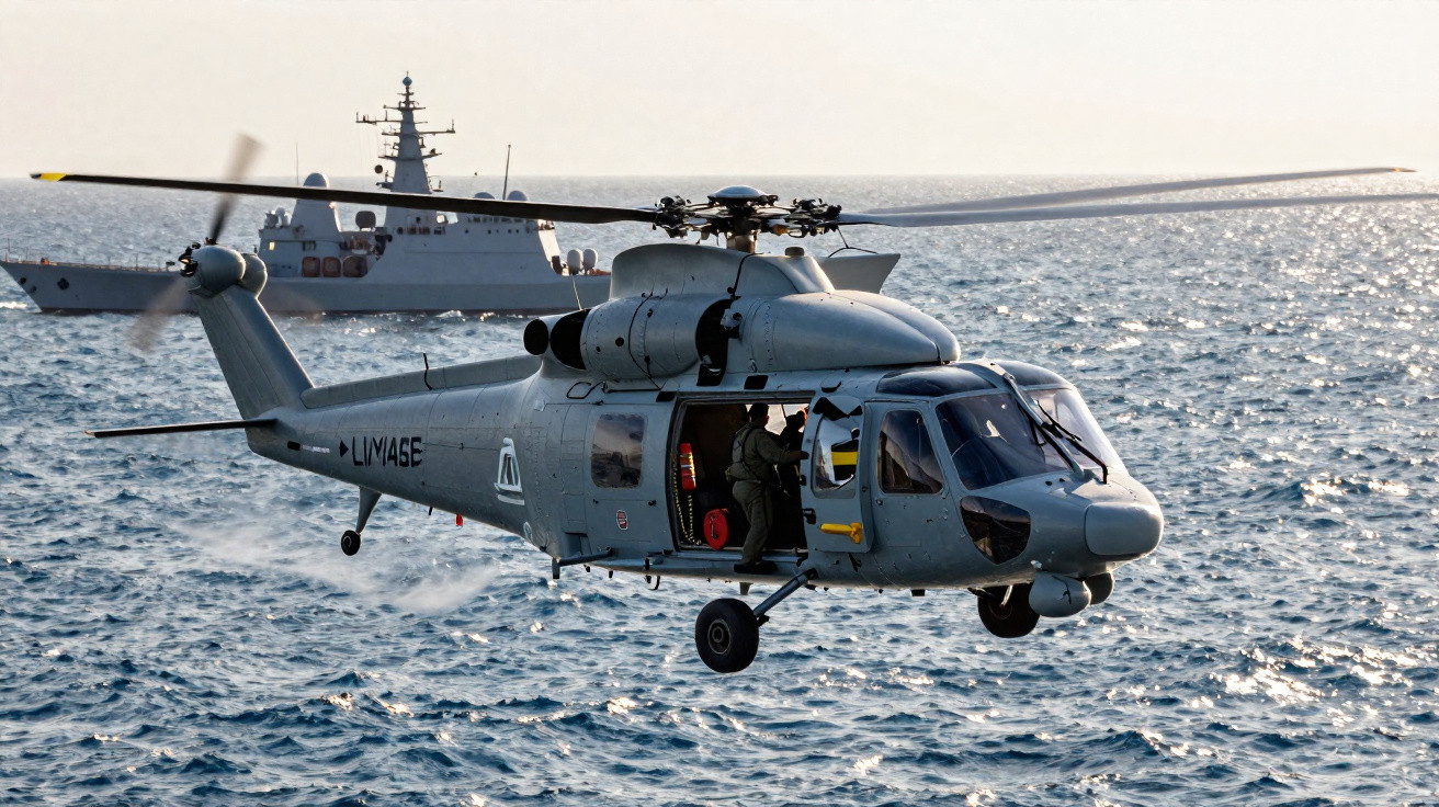 Helicóptero militar cinzento em voo sobre o mar com um navio de guerra ao fundo.