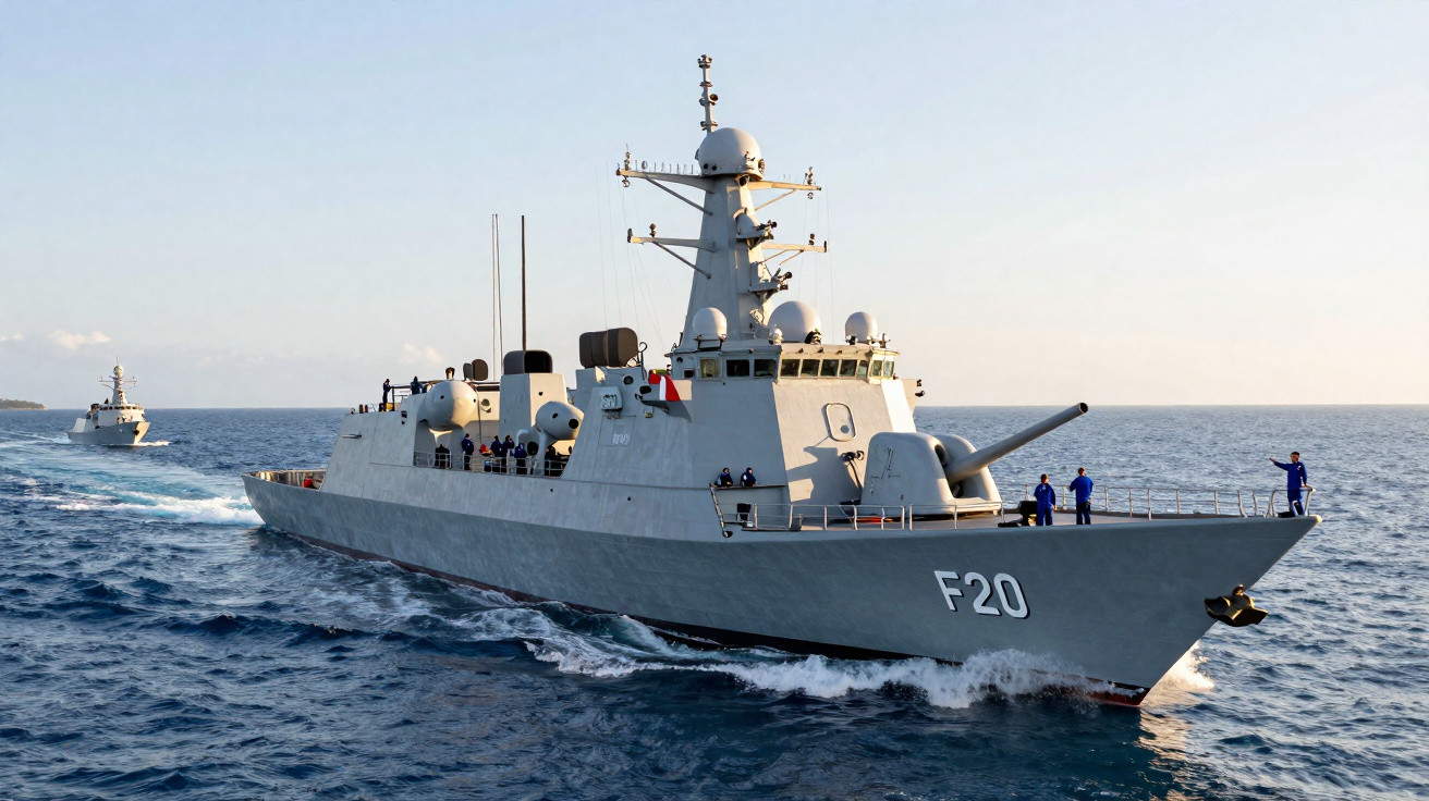 Fragata militar F20 a navegar no mar com tripulantes no convés ao amanhecer.