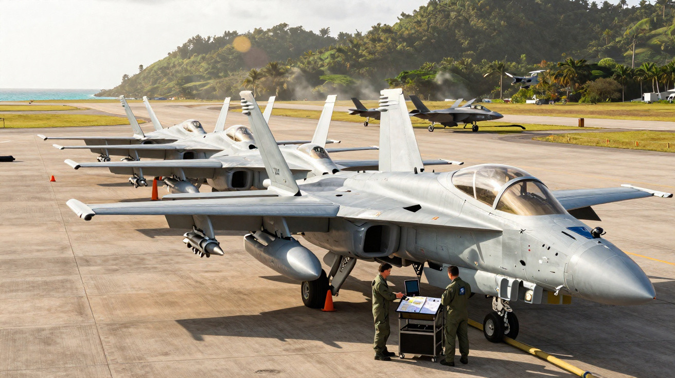 Aviões de combate estacionados numa pista com dois pilotos em uniforme a trabalhar junto a um equipamento.