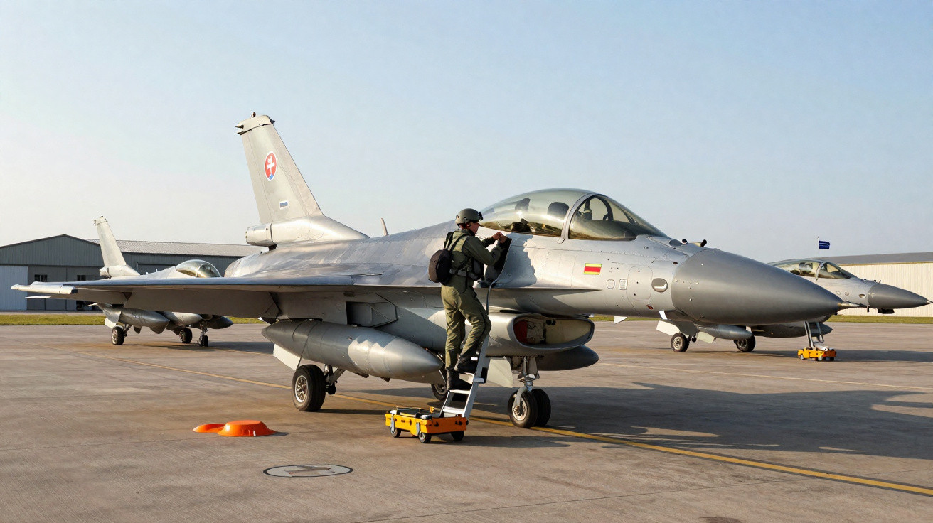 Aviões militares F-16 estacionados em pista com piloto a subir escada para cabine.