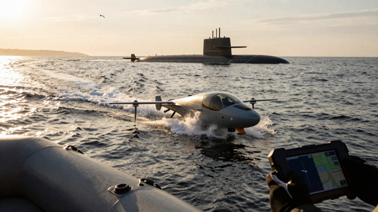 Veículo aéreo não tripulado a descolar da água com submarino e operador com tablet ao fundo ao pôr do sol.