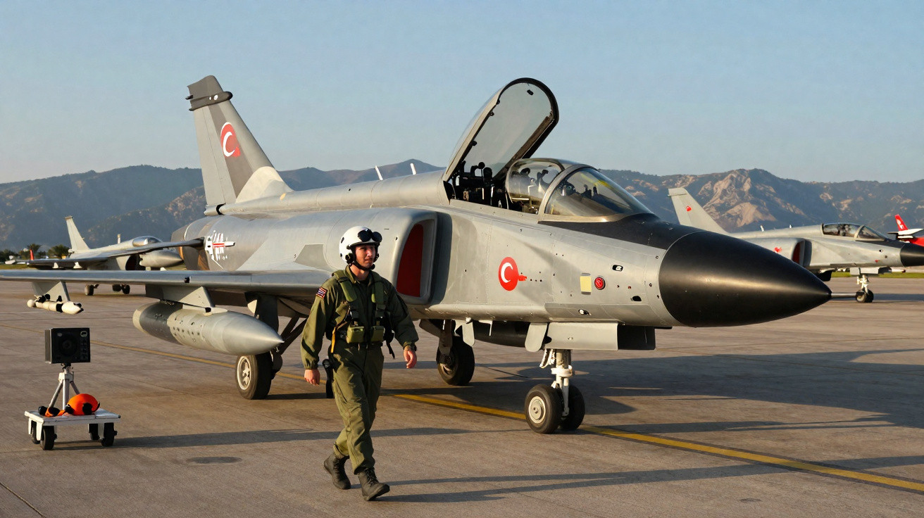Piloto militar a caminhar junto a um caça turco estacionado num aeroporto com montanhas ao fundo.