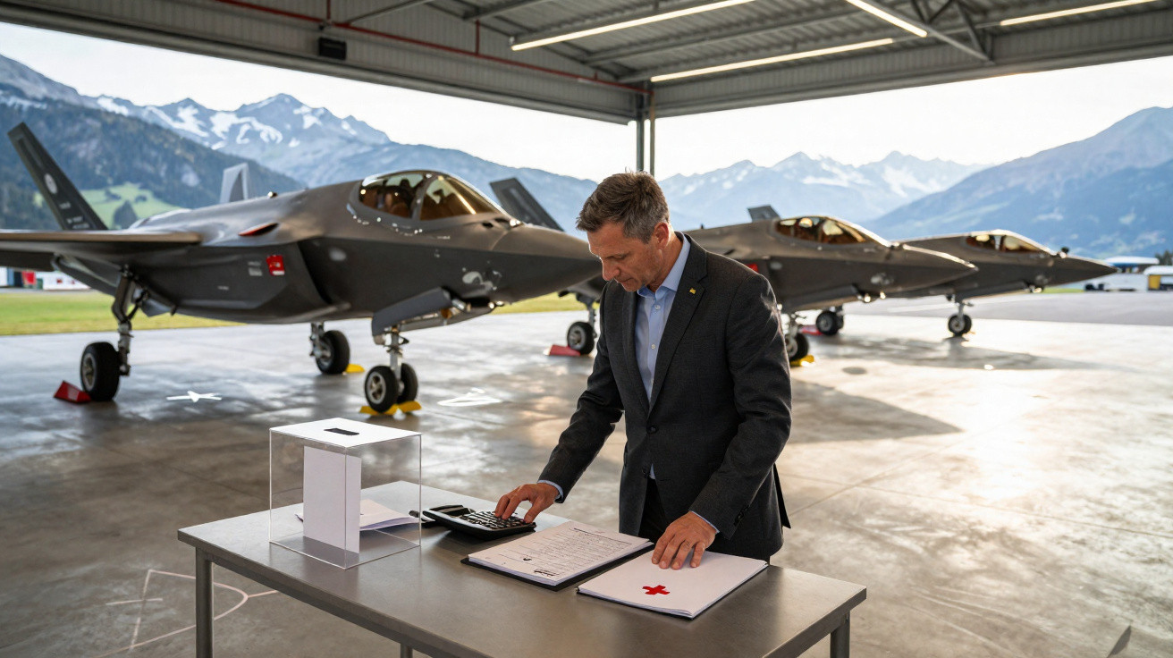 Homem em fato a usar calculadora numa mesa num hangar com três jatos militares estacionados e montanhas ao fundo.