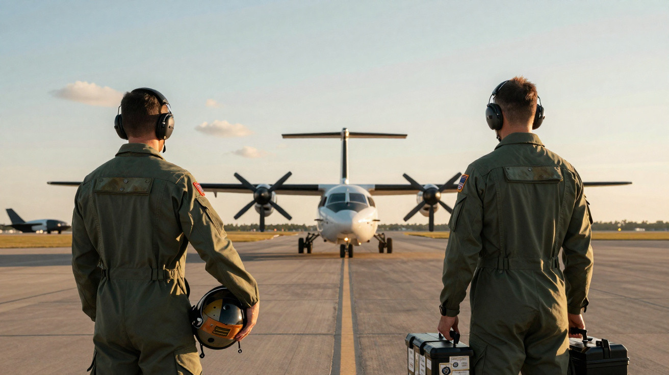 Dois pilotos de costas com equipamentos de voo observam avião militar estacionado na pista ao pôr do sol.