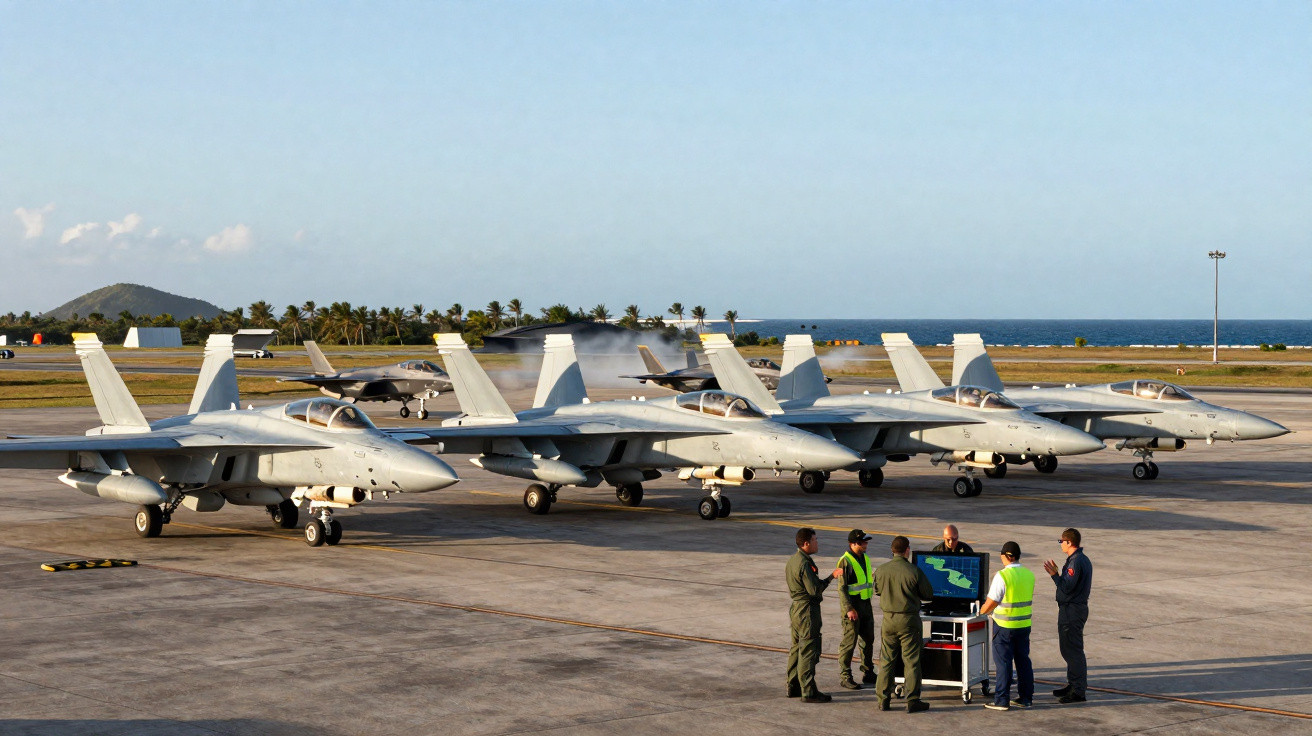 Seis aviões militares estacionados em pista com cinco militares a discutir junto a um carrinho com ecrã.