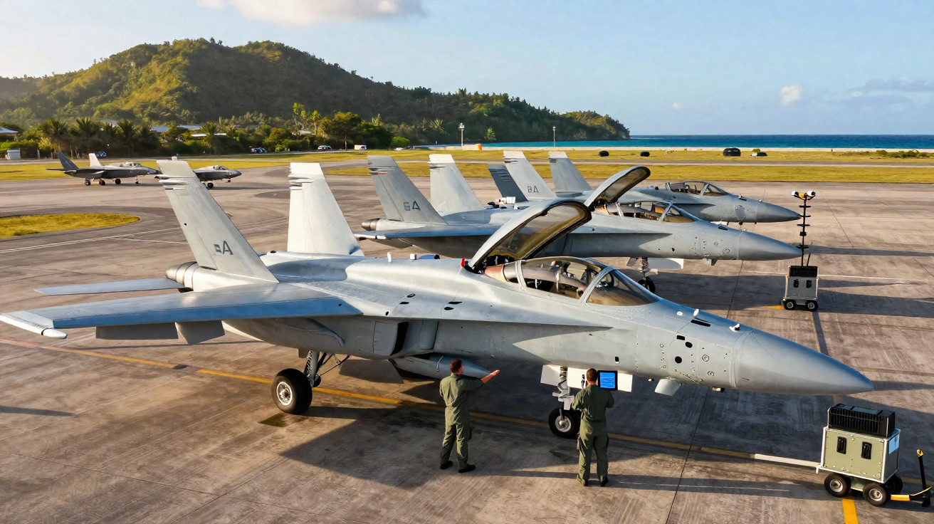 Caça militares alinhados num aeroporto, com dois pilotos e colinas ao fundo numa tarde ensolarada.