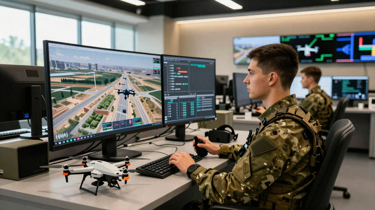 Soldado em uniforme militar opera drone via simulação em múltiplos ecrãs num centro de comando.