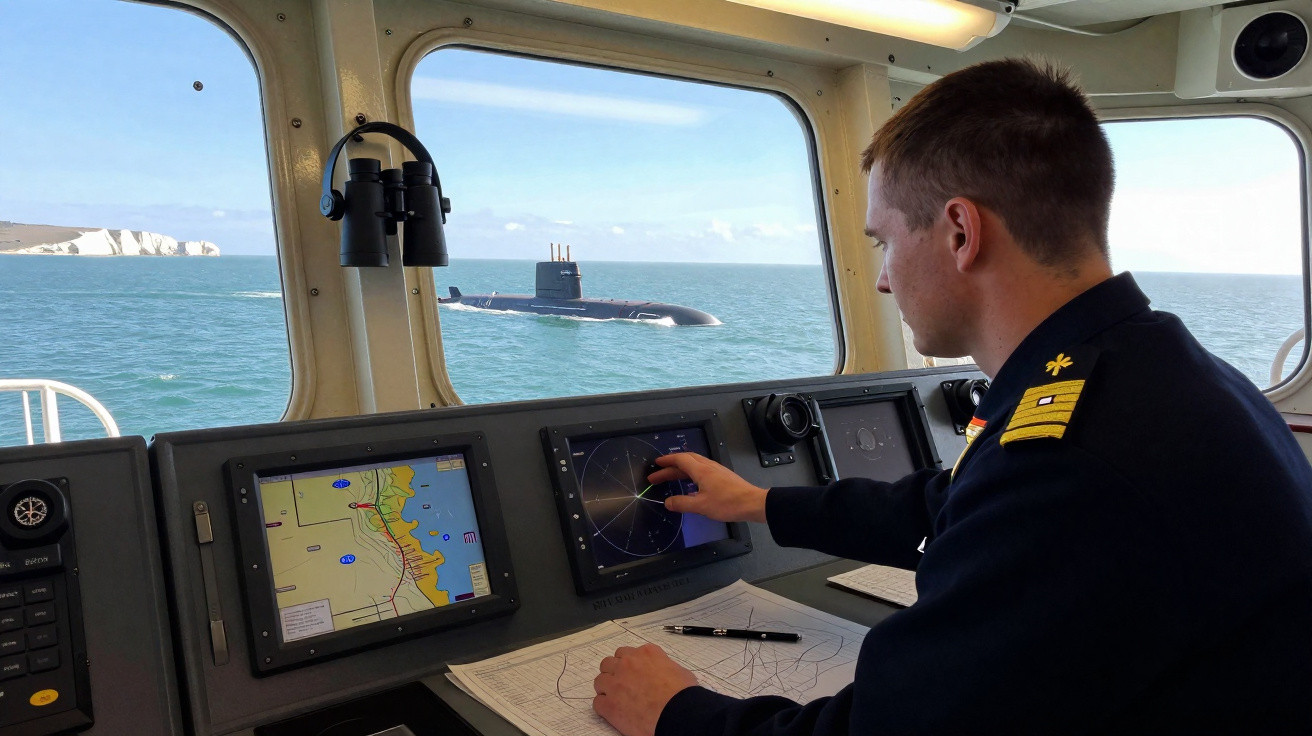 Militar na cabine de comando de navio a monitorizar radar, com submarino visível no mar pela janela.