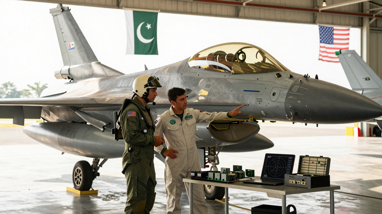Dois militares junto a um caça F-16 numa base aérea com bandeiras do Paquistão e dos EUA visíveis.