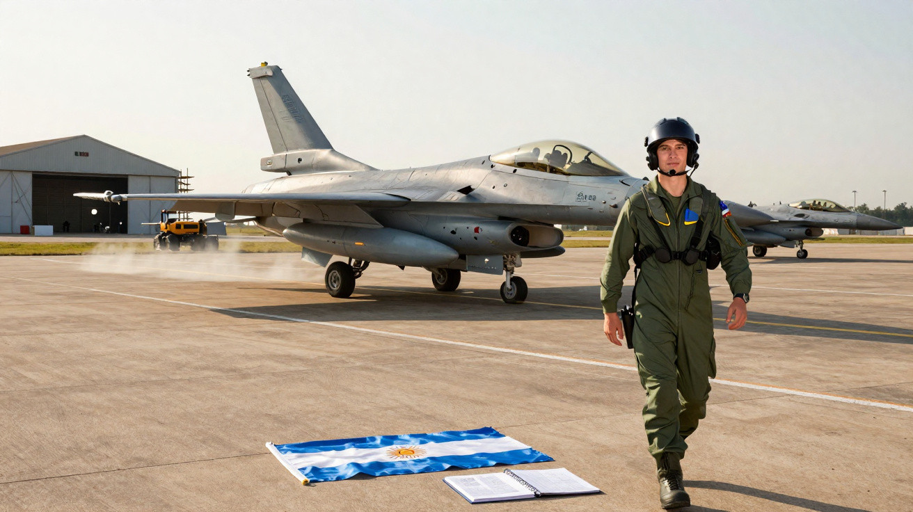 Piloto militar de uniforme e capacete caminha na pista perto de aviões de combate e bandeira da Argentina no chão.