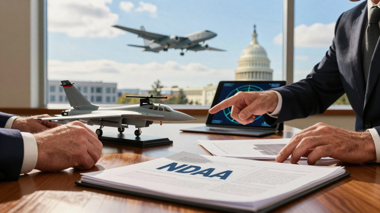 Reunião com modelo de avião militar e documento NDAA com o Capitólio ao fundo e avião a voar.