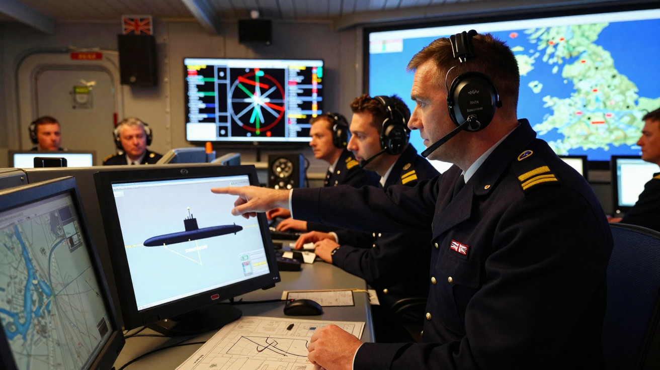 Oficiais militares com fones a operar e analisar dados de submarino em monitores de um centro de comando.