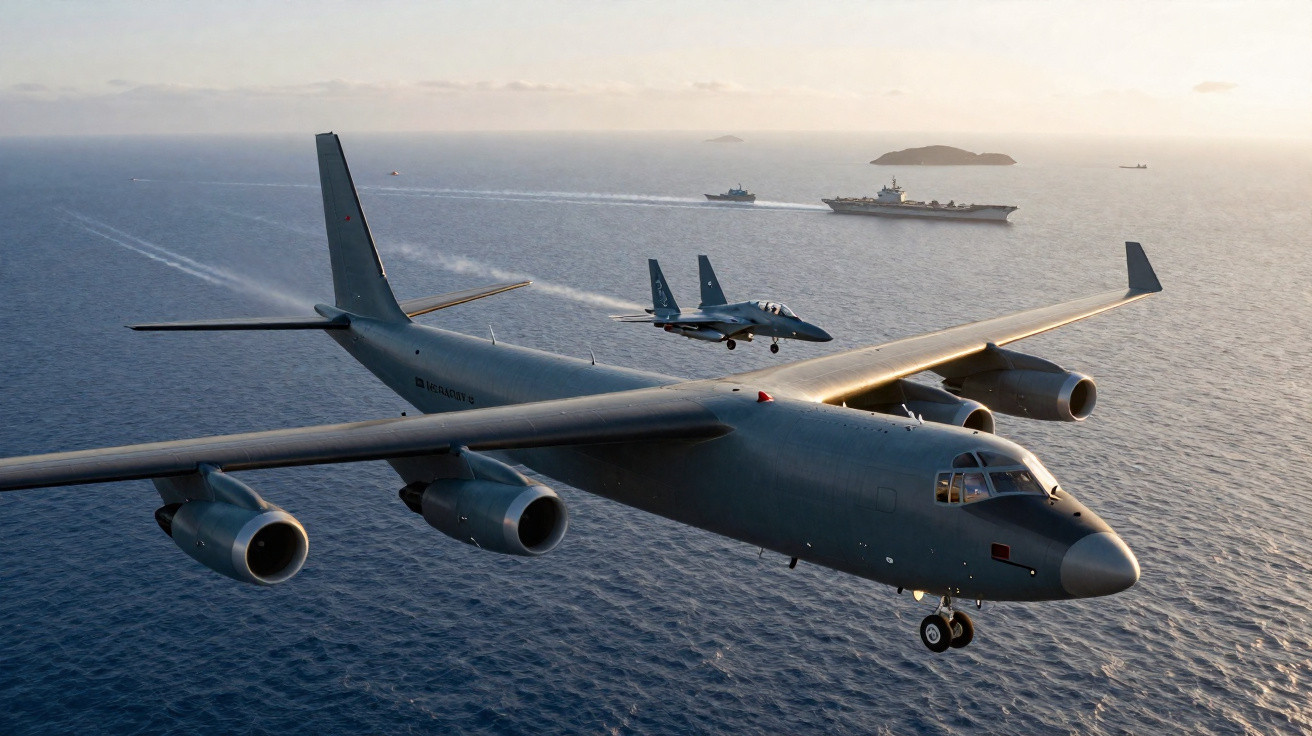 Aviões militares voando sobre o mar com porta-aviões e ilha ao fundo ao pôr do sol.