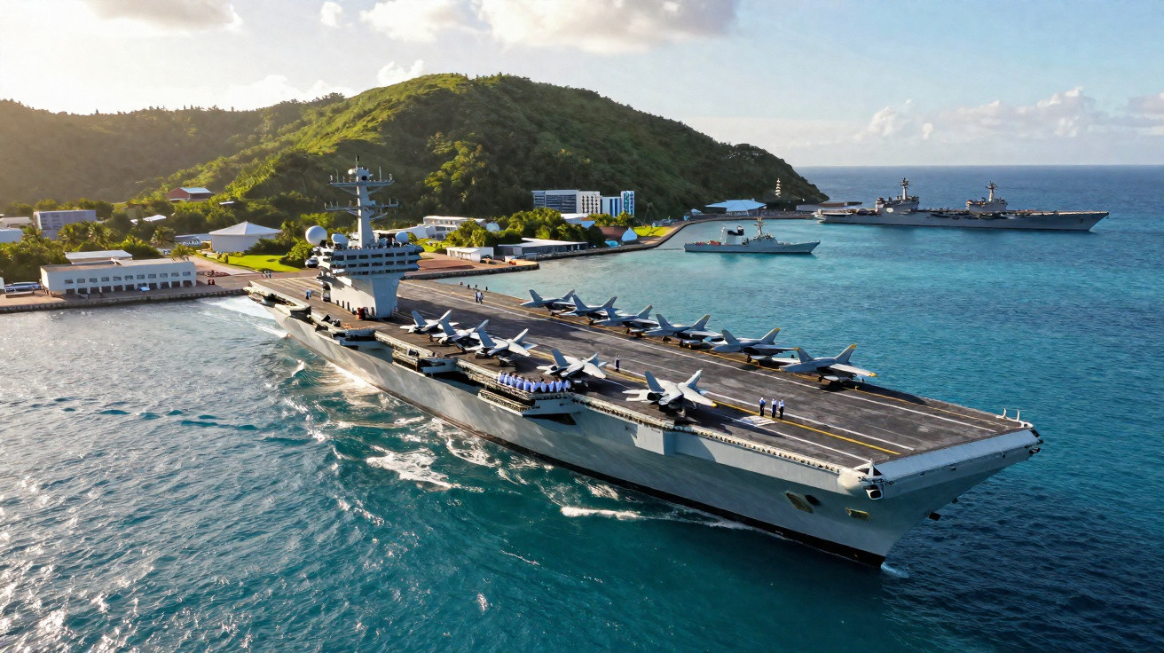 Porta-aviões atracado próximo a ilha verde com vários jatos militares na cobertura e outros navios no mar.