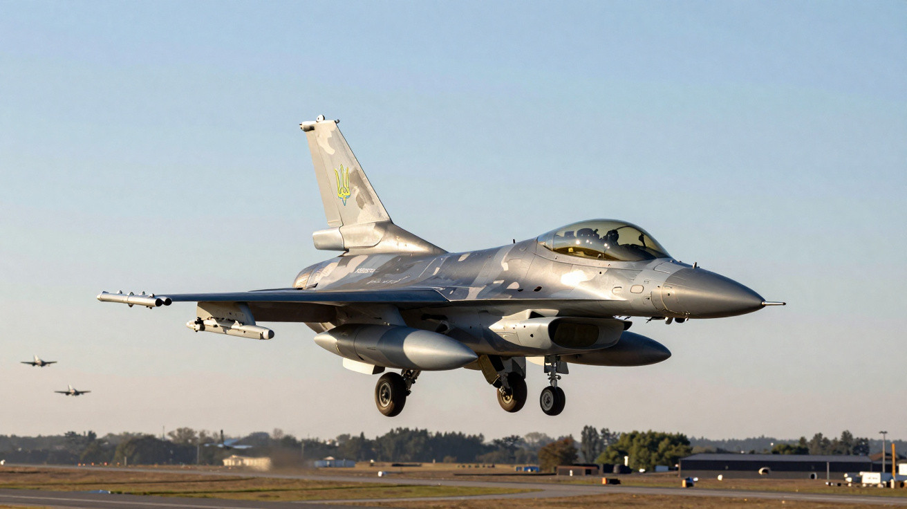 Caça militar F-16 cinzento a descolar em pista, com dois aviões em voo ao fundo.