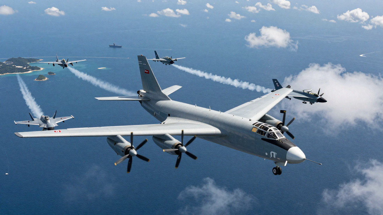 Avião militar grande voando sobre o mar acompanhado por quatro aviões de caça menores.
