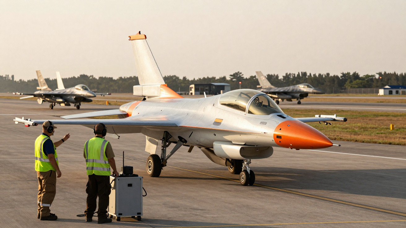 Avião de combate moderno com pintura branca e laranja parado em pista, com técnicos de coletes amarelos a lado.