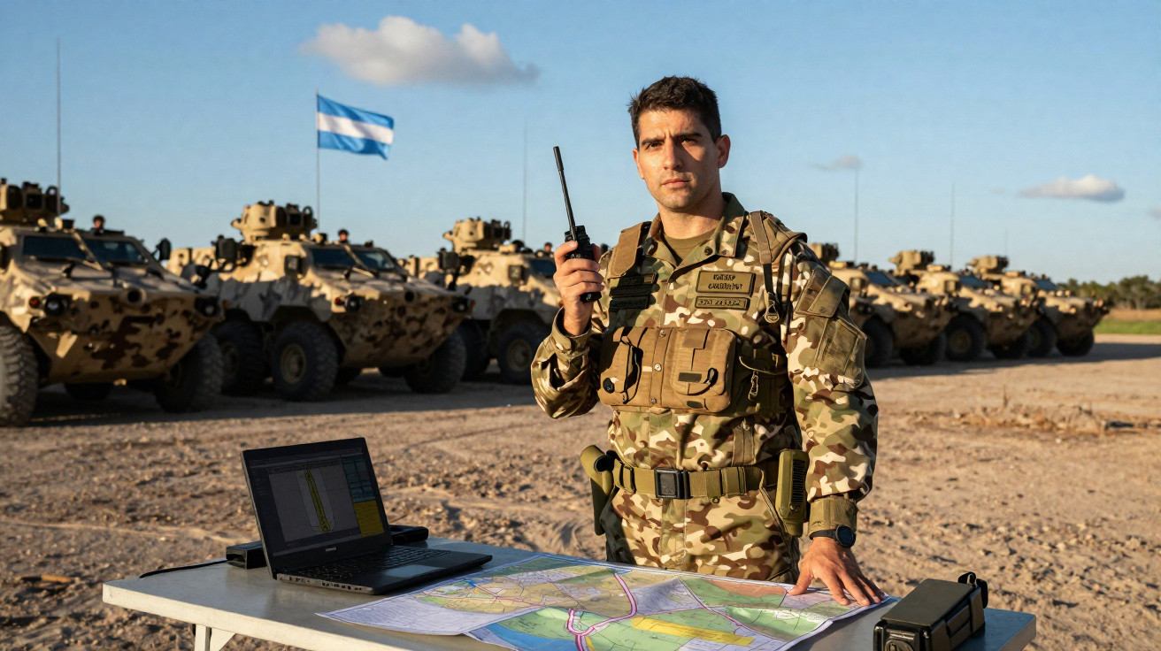 Soldado em farda camuflada junto a mapa e computador numa base militar com veículos blindados ao fundo.