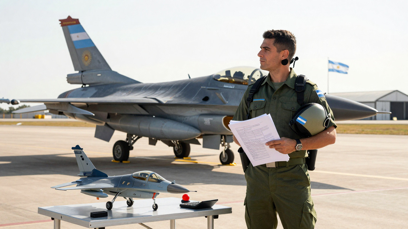 Piloto militar argentino em uniforme verde com capacete, junto a caça e modelo de avião na pista.