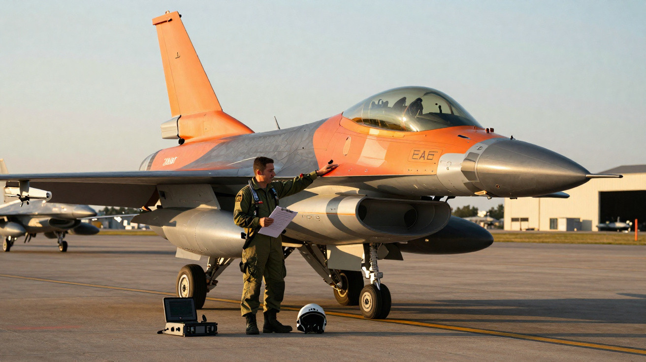 Piloto junto a caça F-16 na pista com capacete e equipamento de voo no chão durante pôr do sol.