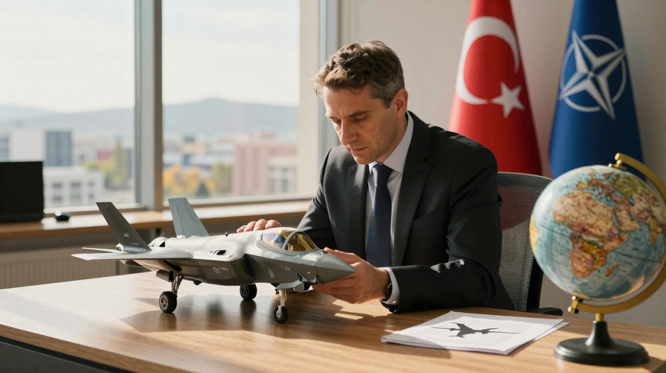 Homem de fato e gravata sentado numa mesa a examinar modelo de avião de combate com bandeiras da Turquia e NATO ao fundo.