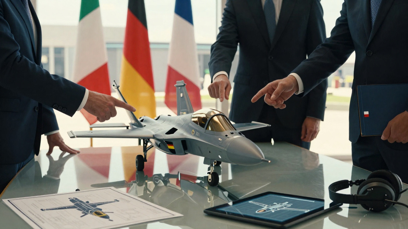 Modelo de avião militar numa mesa com homens de fato a apontar e bandeiras de fundo, em reunião.