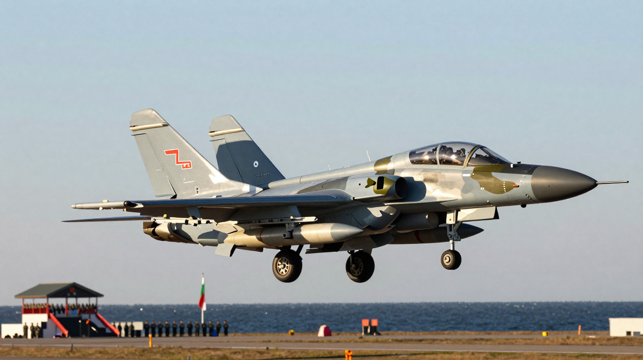 Avião militar de combate cinza com camuflagem em voo baixo sobre pista perto do mar.