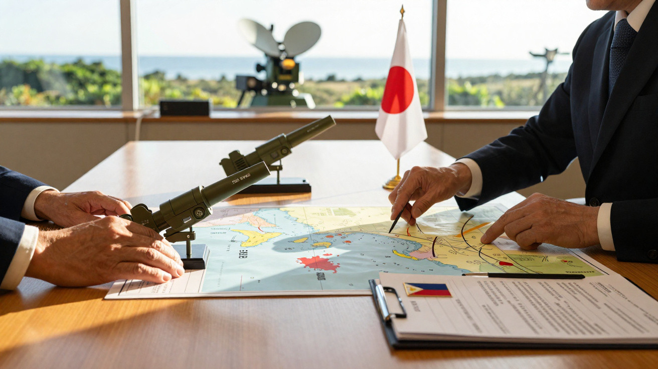 Duas pessoas a discutir um mapa marítimo numa mesa com bandeira do Japão e maquete de míssil.